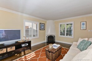 Living room with TV and gas fireplace