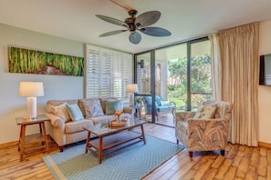 Spacious main living area with all new Hawaiian inspired furnishings