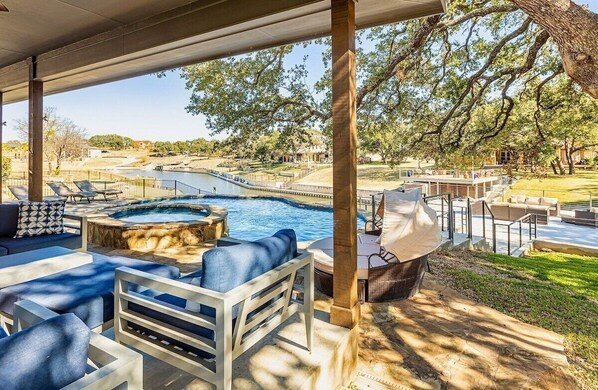 Covered patio, pool and upper deck 