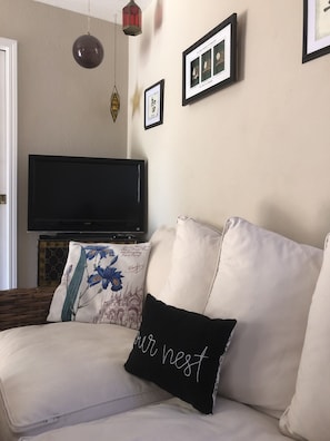 couch in living room with television