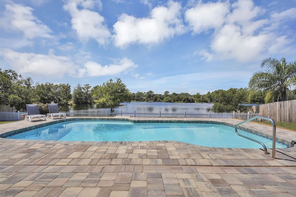 Waterfront Heated Pool! Enjoy a latte in the mornings poolside :-) 