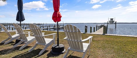 Adirondacks with private dock and view of big water!
















