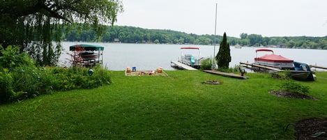 View from front deck of 10' x 10' sandbox and Sweezey Lake. 