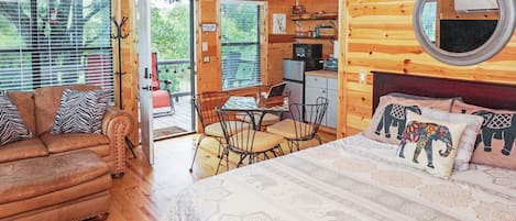 The view from the rear of the cabin looking at the front door.