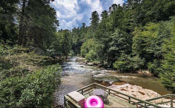 Welcome to the River. View from one of 3 platform decks. Tube right to the house