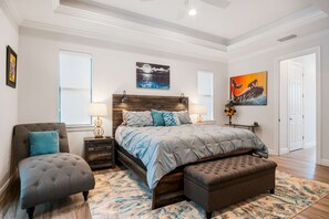 The master suite features a king bed with all new linens and furnishings - and best of all - beautiful, one-of-a kind art pieces created by the homeow