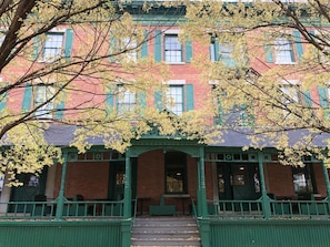 Historic facade with fall foliage