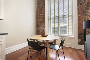 The dining table has seating for 4