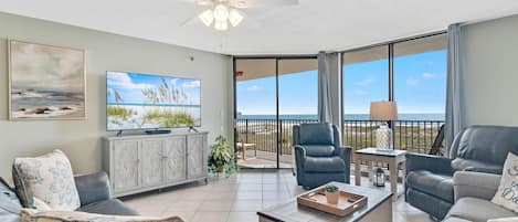 Living Room with Queen Size Sleeper Sofa and Private Balcony overlooking the Gulf of Mexico