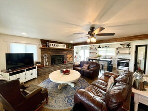 Living room with cozy wood stove
