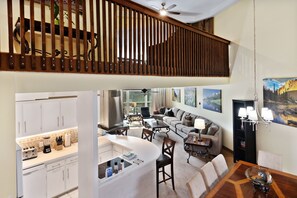 Kitchen, and living area with part of loft