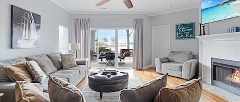 Living room with lake views