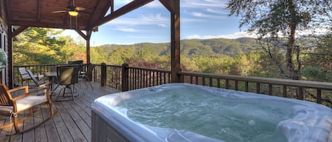 The Good Place- Hot tub on the entry level deck with mountain views