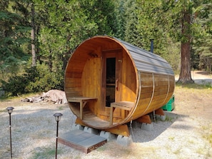 6-person sauna pod is wood-fired and easy to get heated up.