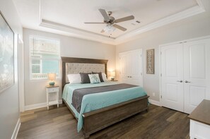 Primary bedroom with king Cool Touch mattress for a great beach night sleep.