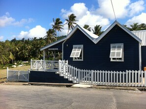 View of cottage from across the street. New house colour.
