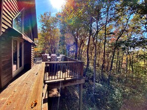 Gorgeous fall foliage with long range Mountain View peaking through the trees. 