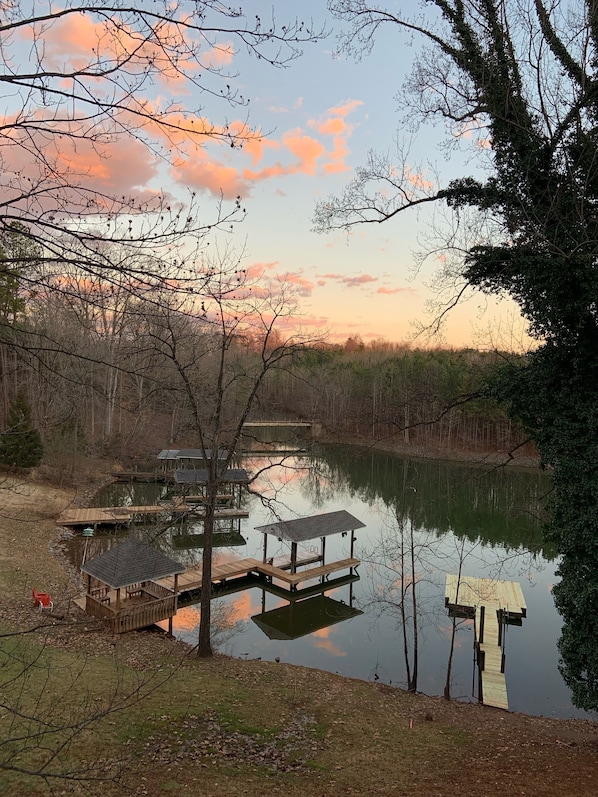 Lake view from porch at sunset