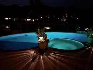 Evening pool and hot tub.