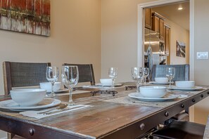 Cozy yet sophisticated dining space with rustic charm and contemporary touches.