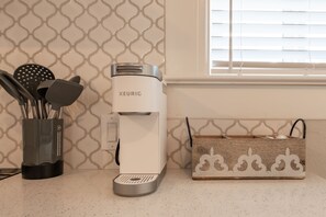 Our coffee station complete with coffee pods, creamer and sweeteners.