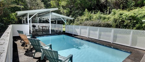 Very private backyard pool w/ covered shelter, dining table and charcoal grill.