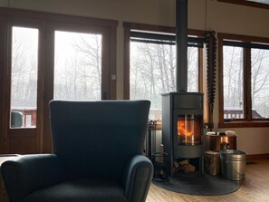 Modern wood burning stove for ambiance. There's central heat too!