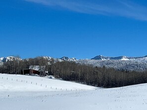Horseshoe Cabin with the Tetons in the background.