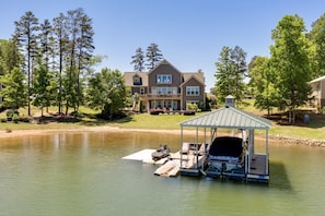 Deep water large dock with boat lift, jet ski port, 10 feet of water