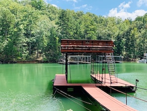 24ft x 32ft party deck dock w wide, deep water cove. 16+ feet water depth.