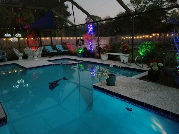 The pool is perfect day or night, heated to a moderate temp all winter.