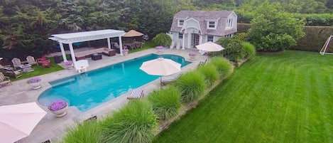 oversized salt water heated pool - pool house