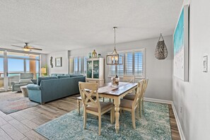 Gorgeous open living room and dining room.