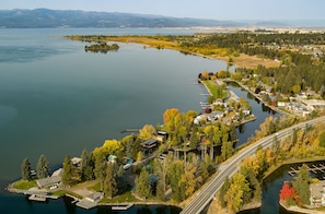 Aerial view of the property looking out on the lake.  