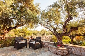Capture the picturesque view of the exterior, embraced by the lush charm of olive groves