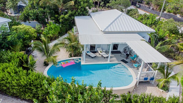 Drone photo showing all the privacy around The Poolhouse By The Beach.