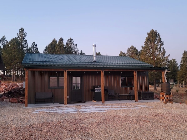 Bison Pines Cabin with 8' deep porch to enjoy grilling, sunsets, and wildlife. 