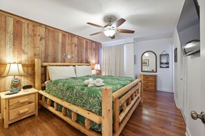 Main bedroom with Roku streaming TV.  King bed.