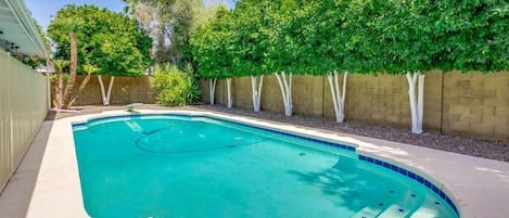 Large swimming pool w/ loungers and citrus trees. Heating optional,  fee required 