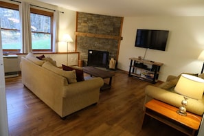 Spacious living area with 4K TV, VT Stone fireplace, Sleeper sofa. Backs to private woods and ski trail