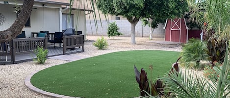 Lush Backyard with seasonal grape fruit and orange trees for everyone to enjoy.