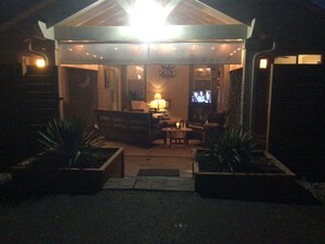 Back Patio incudes TV, Speakers for music, gas fire pit, propane heater