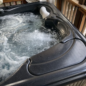 Four man hot tub in screened in porch with lights 