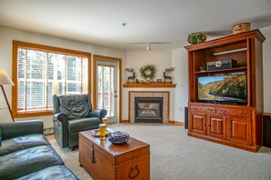 The living room has a gas fireplace.