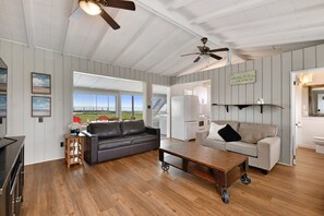 Living room, brown leather couch pulls out to a double mattress