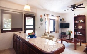 Kitchen opens to living area