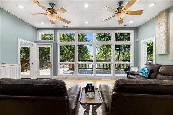 Living room with year round views of the lake