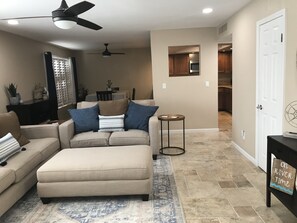 View from entrance of living room, dining room and kitchen 