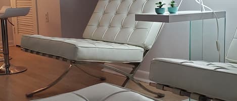 Classic yet comfortable period Mies Van de Rohe furnishings.