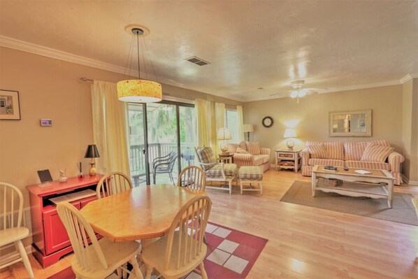 Dining area and living room.